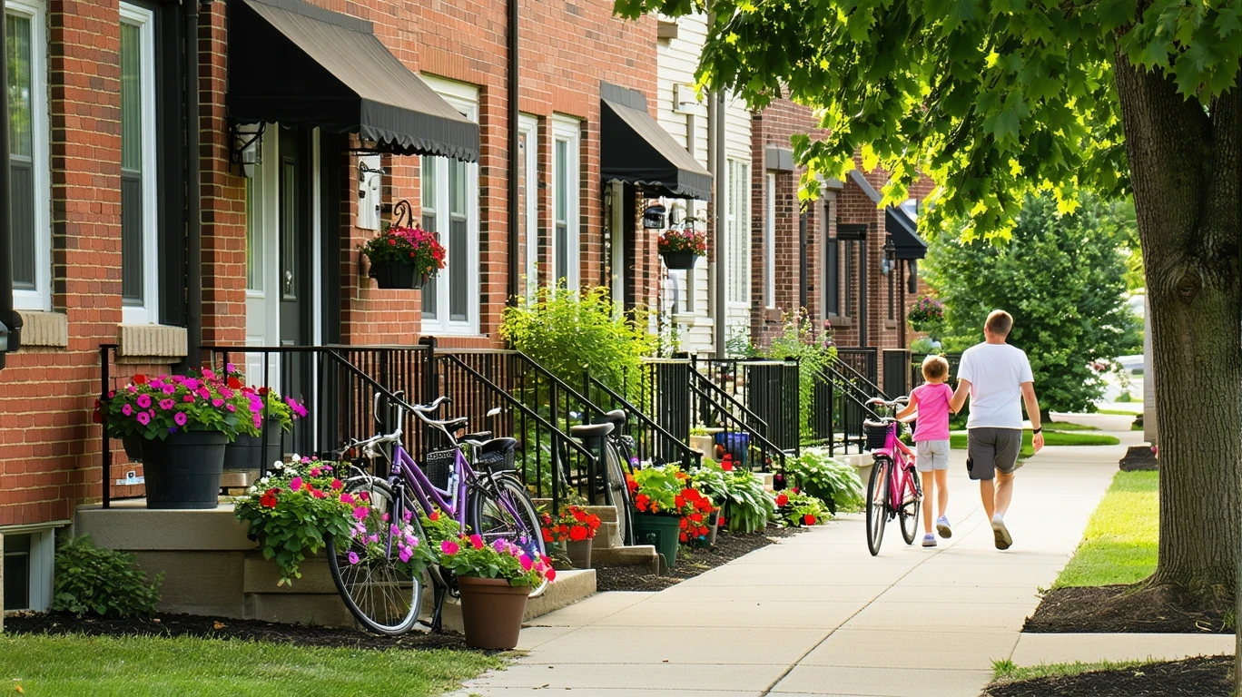 A row of brick apartment buildings along a tree-lined street in Aurora, Illinois, with bicycles by a door and a father and daughter walking.