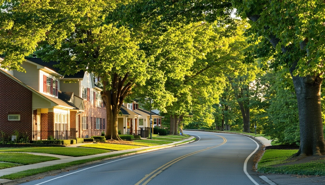 Tree-lined residential street in Edwardsville, Illinois with sidewalk and established homes