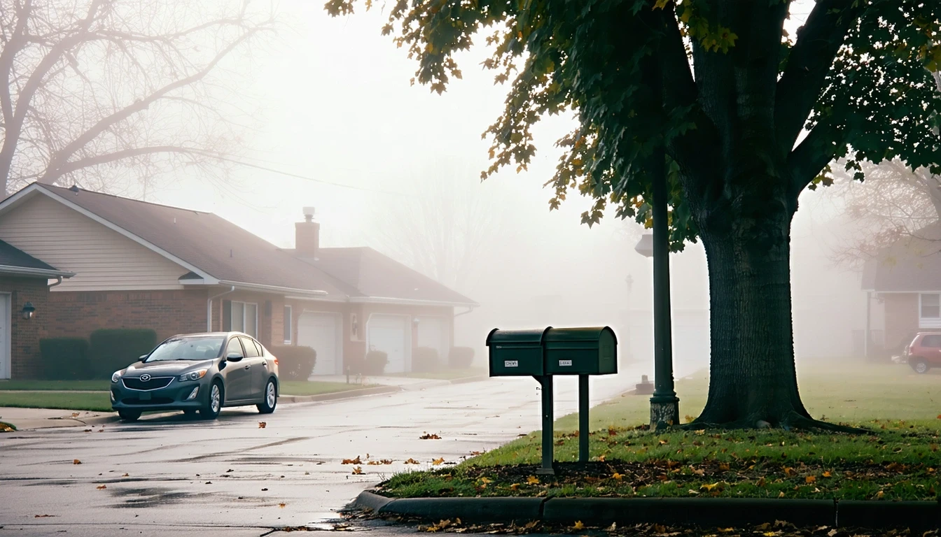 Misty morning street in Fairview Heights, Illinois with mailboxes and older sedan under maple tree