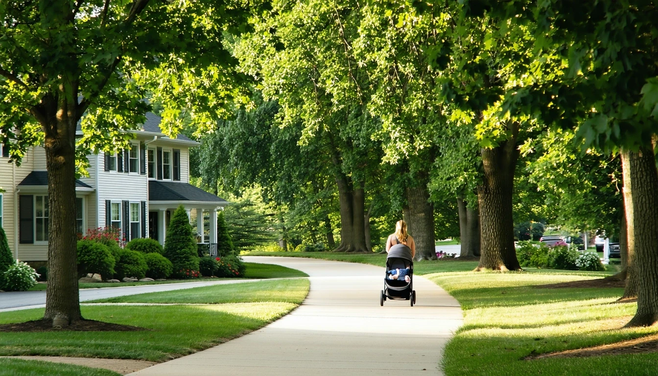 Tree-lined sidewalk winding through a residential area in Saint Peters, Missouri, with a woman pushing a stroller.