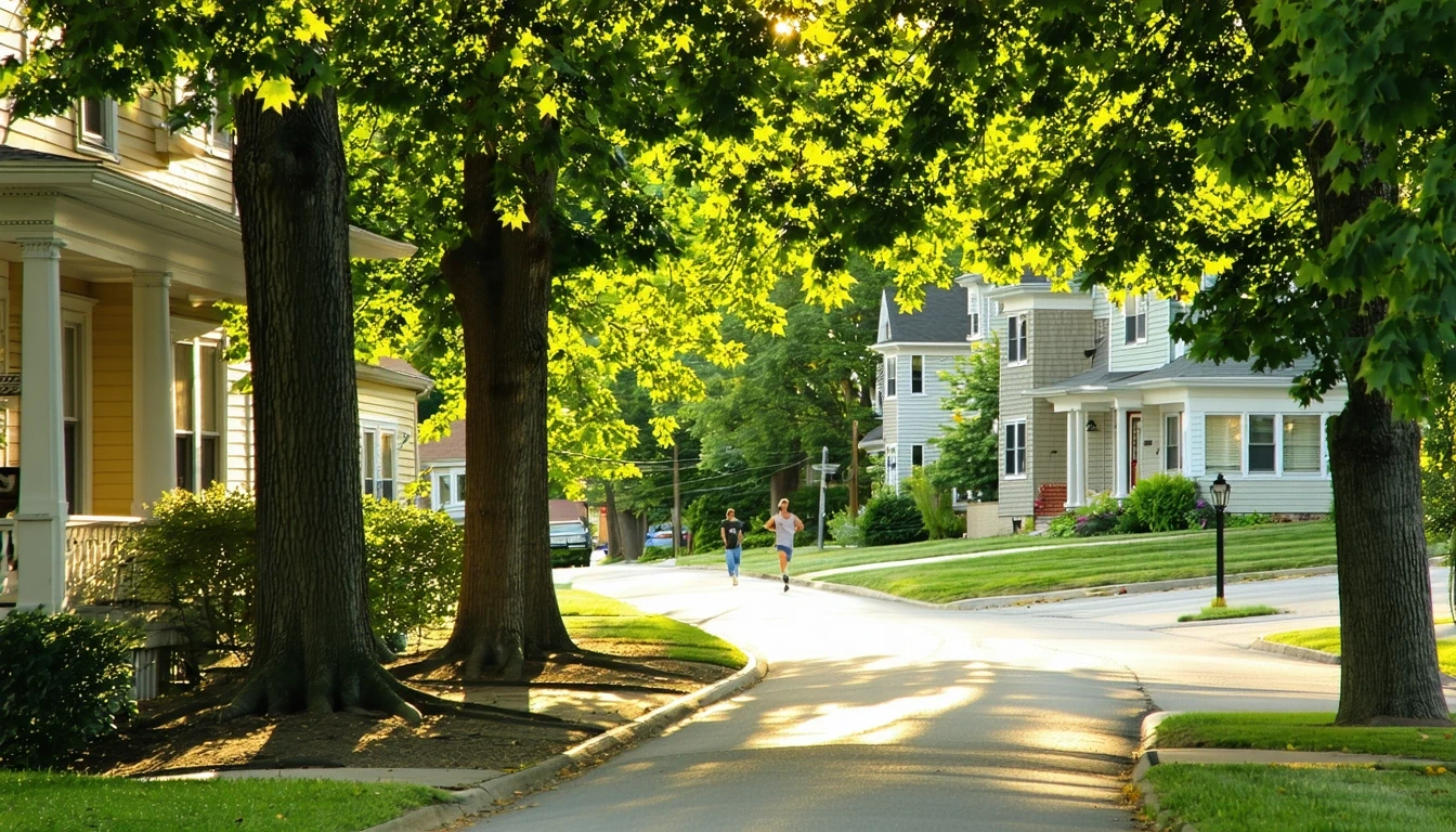 A sidewalk curves through a tree-lined street of historic homes in Saint Charles, Missouri on a sunny morning.