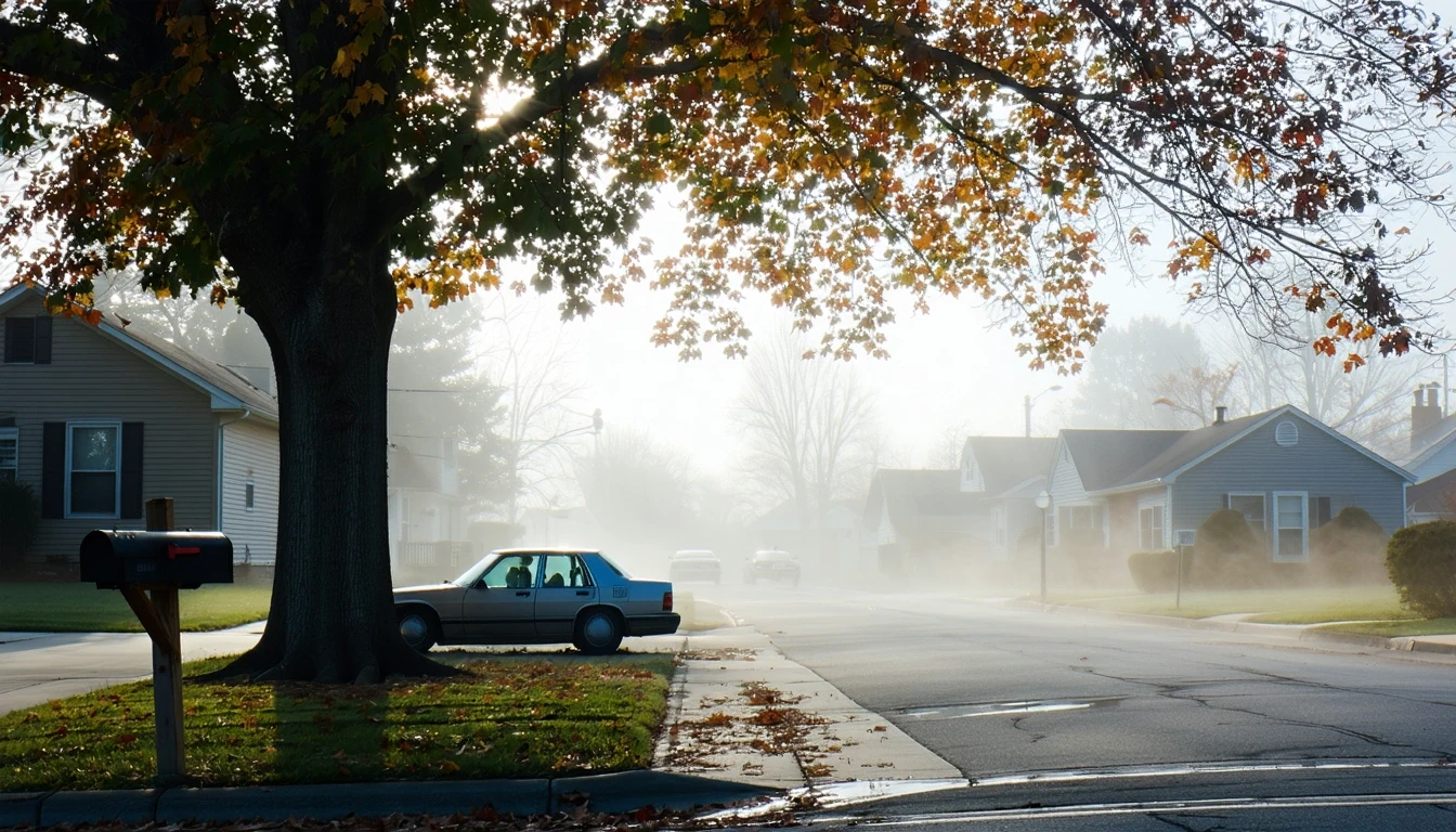 A foggy morning street in Lenexa, Kansas with homes, mailboxes, and a car under a maple tree.