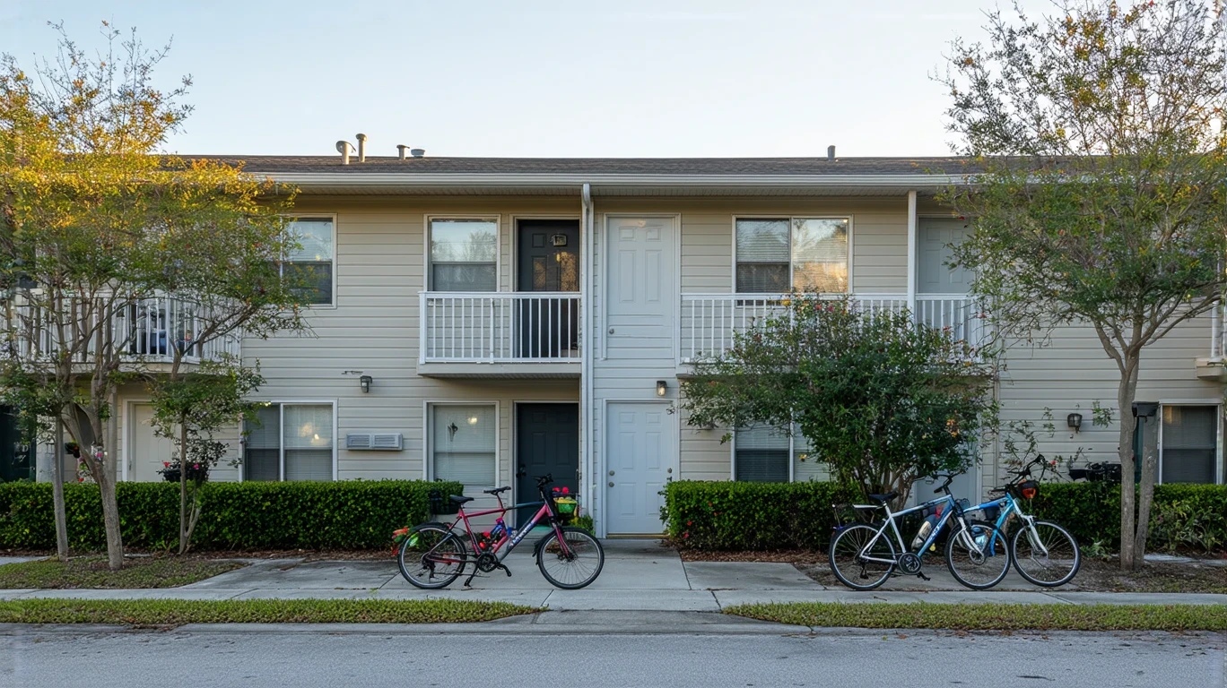 Exterior of a tidy apartment complex in Plant City with potted plants and bicycles