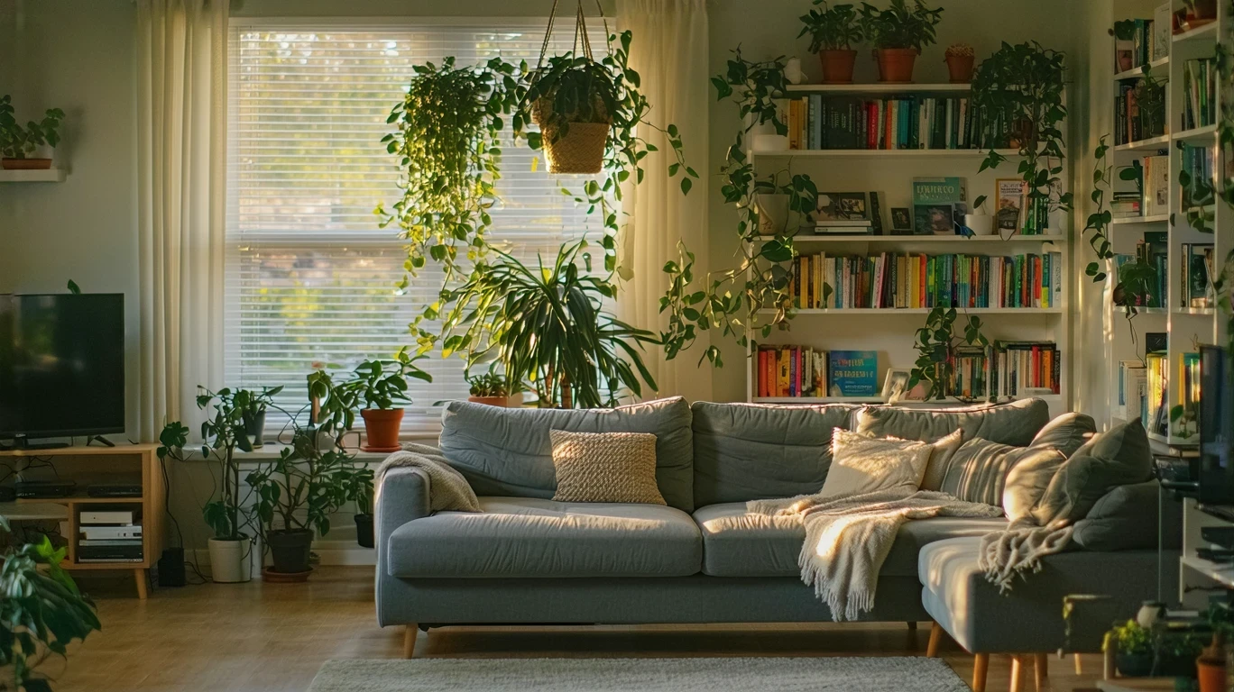 Sunlight filters into small living room with couch and bookshelf in Tampa apartment
