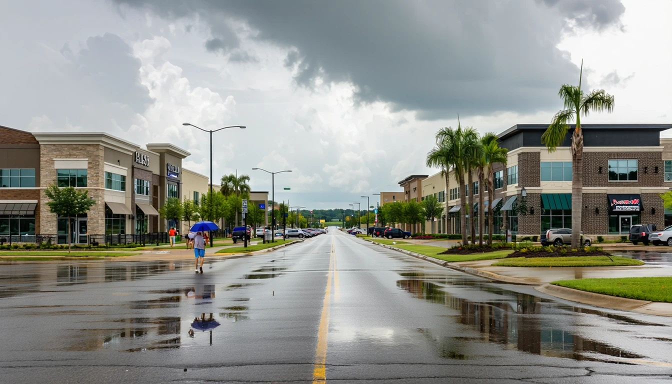 A commercial avenue in Lenexa, Kansas after a rain shower, with wet asphalt, palm tree reflections, and people walking with umbrellas.