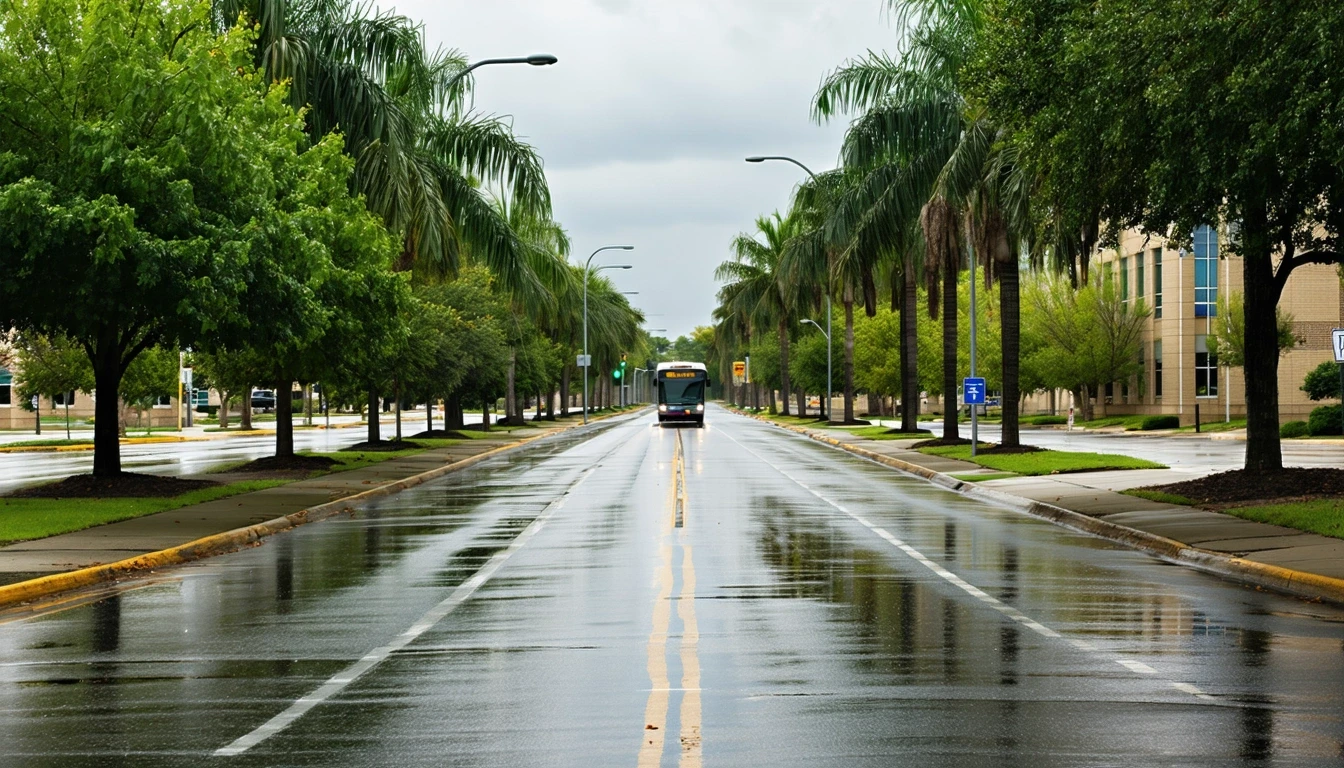 Palm trees reflected in puddles along a broad avenue in Olathe, Kansas after a rain shower, with newer buildings visible in the background.
