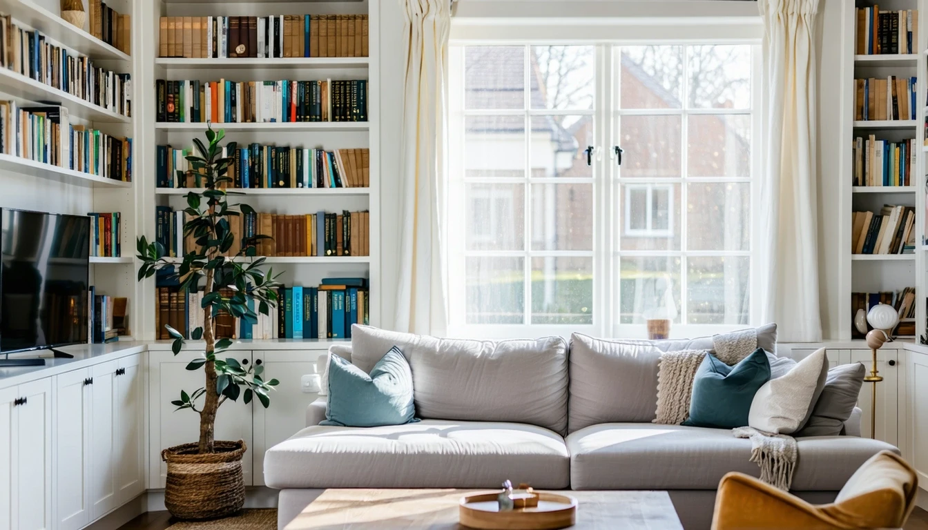 A sunlit living room in Leawood with a gray couch, white bookshelves, and sheer curtains.