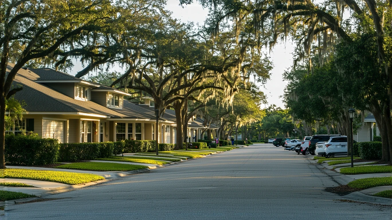 A residential street in Lakeland lined with modest one-story homes and leafy trees at sunrise