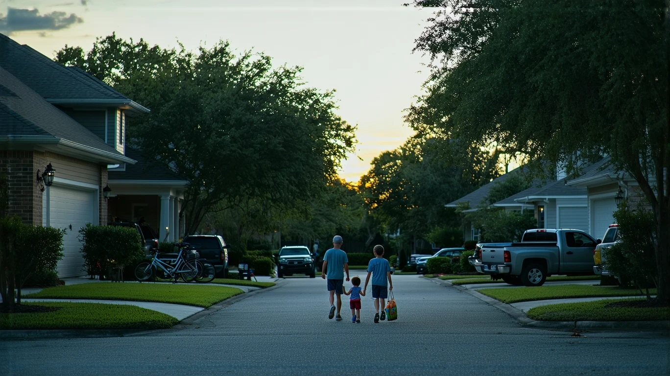 A father carries groceries up his driveway at dusk in a Tampa suburb as his daughter runs to him.