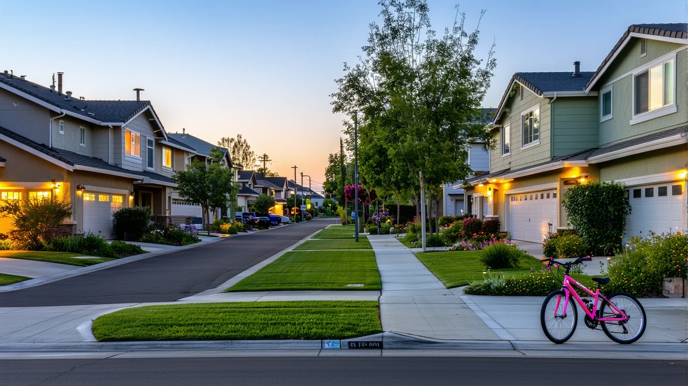 A cul-de-sac in Santa Clara at dusk, with porch lights illuminating the front yards and a child's bicycle lying near the curb. The homes are well-maintained with manicured lawns.