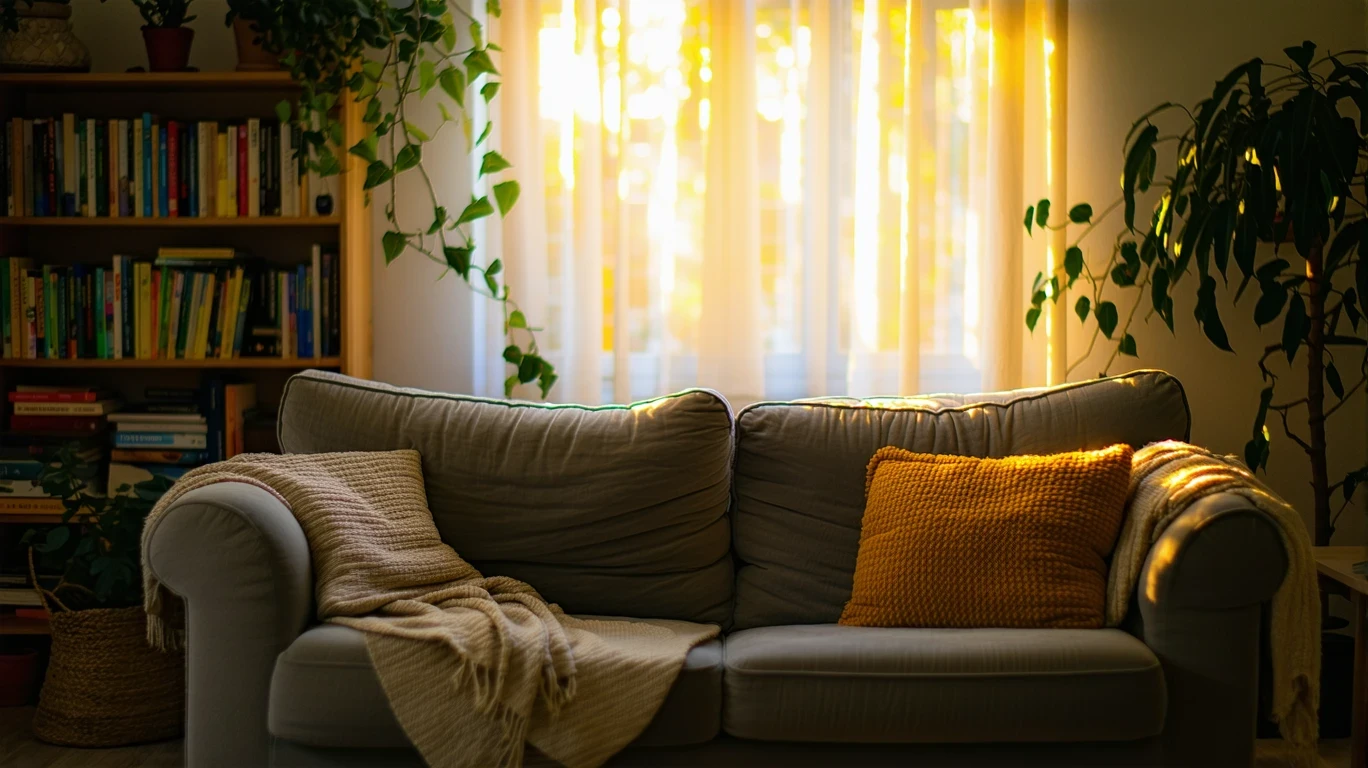 A sunlit living room with a couch, curtains,