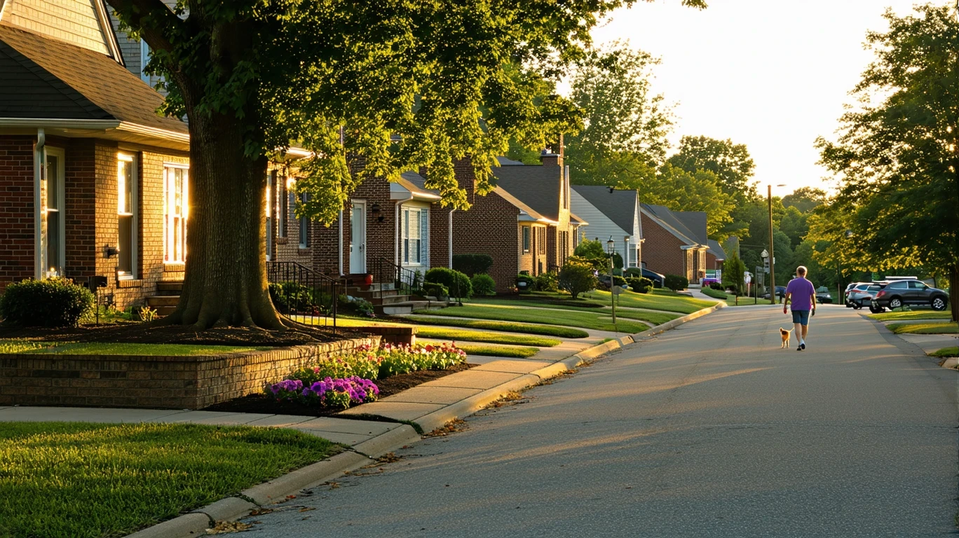 A quiet suburban cul-de-sac in early morning light, with brick homes, native landscaping, and a person walking their dog in the distance.