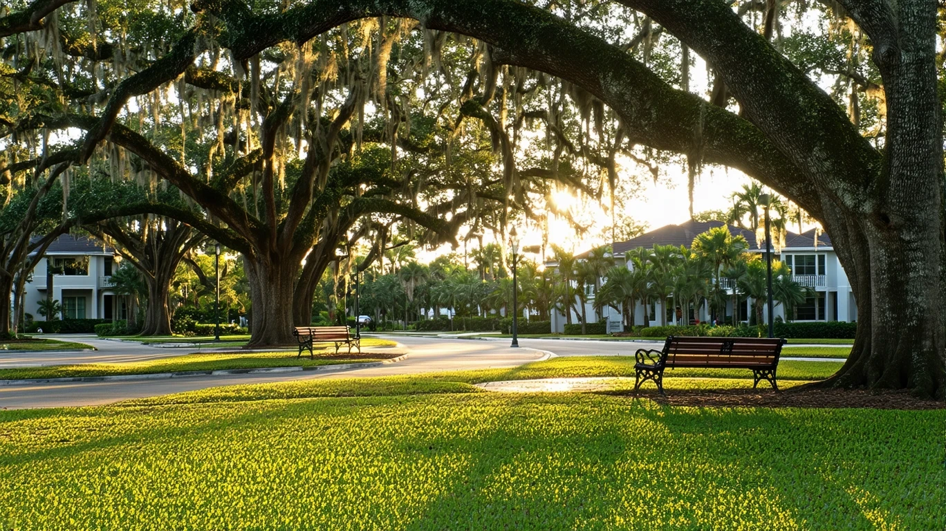 A peaceful park with oak trees and empty benches bathed in golden hour light in a Fort Lauderdale neighborhood, with upscale homes visible in the distance.