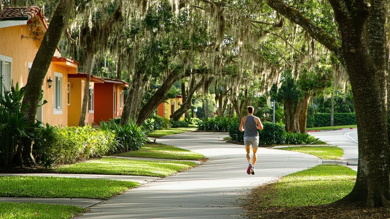 A person jogs along a winding sidewalk shaded by palm trees and oaks, with colorful houses partially visible through the leaves, on a sunny morning in a Hollywood, FL neighborhood.