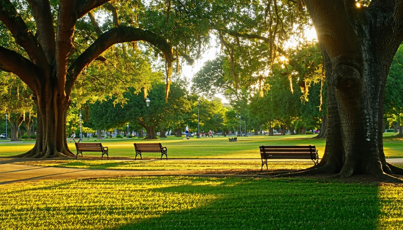 A peaceful park lawn in Cherry Hill dotted with oak trees and empty benches, bathed in the golden light of late afternoon.