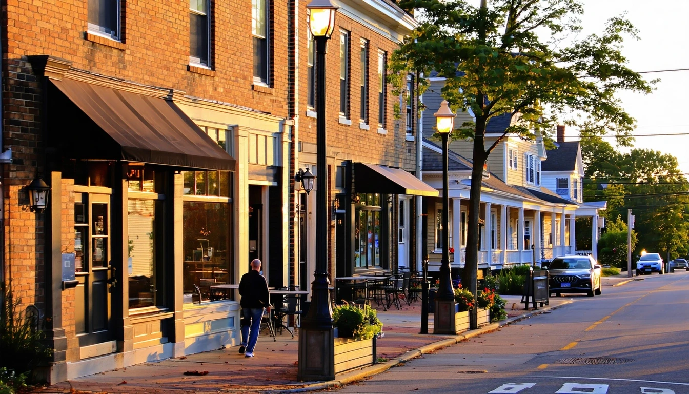 A quaint commercial strip in a Wilmington neighborhood at dusk, with local shops, empty sidewalk planters, and a couple entering a store.