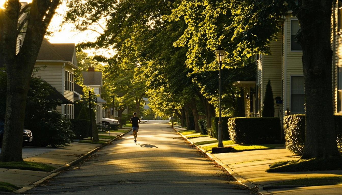 A quiet residential street in Camden at sunrise, with modest one-story homes, manicured lawns, and leafy trees casting long shadows.