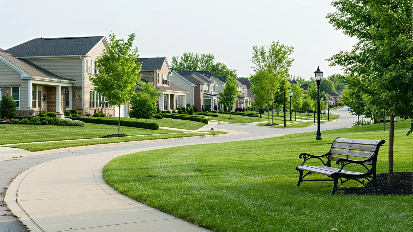 A view of a neighborhood park in Fishers, Indiana with a path, bench, and nice homes visible across the street.