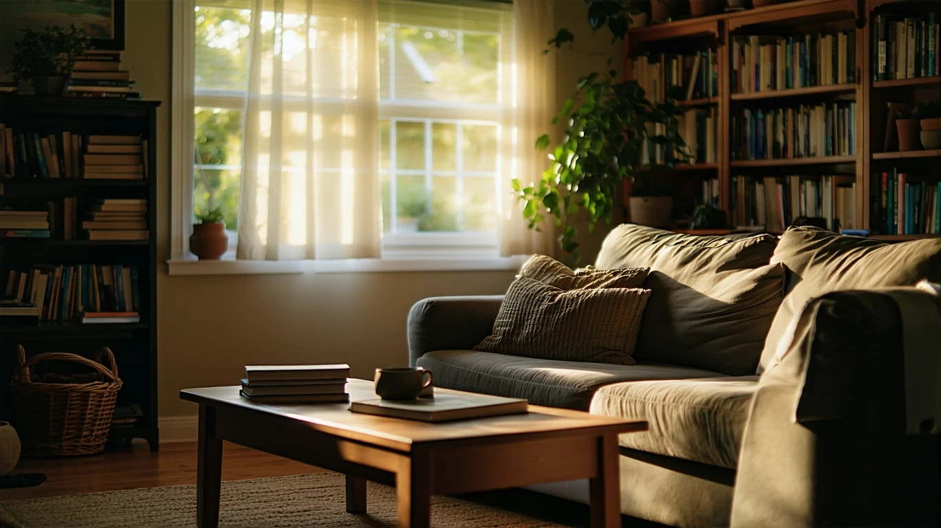 Sunlight streams through sheer curtains into a neat living room with a couch and bookshelf in a Pembroke Pines home.