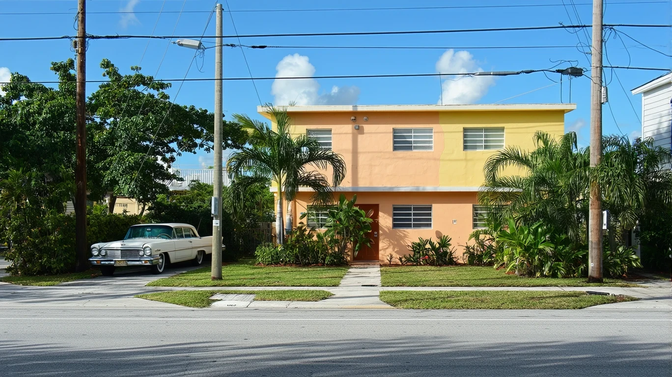 A residential street corner in Miami with small homes, apartment buildings, and an old car parked on the street.