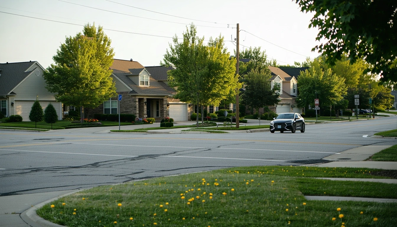A residential street corner in Lees Summit, Missouri with an older parked car, patchy grass, overhead power lines, and surrounding suburban homes.