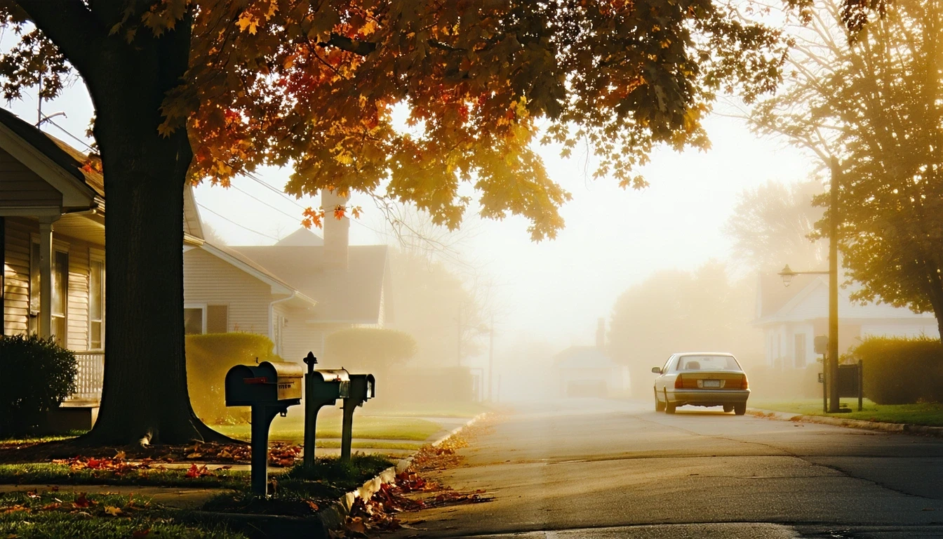 A foggy morning street in Belton, Missouri with mailboxes, an old car, and a colorful maple tree in fall.