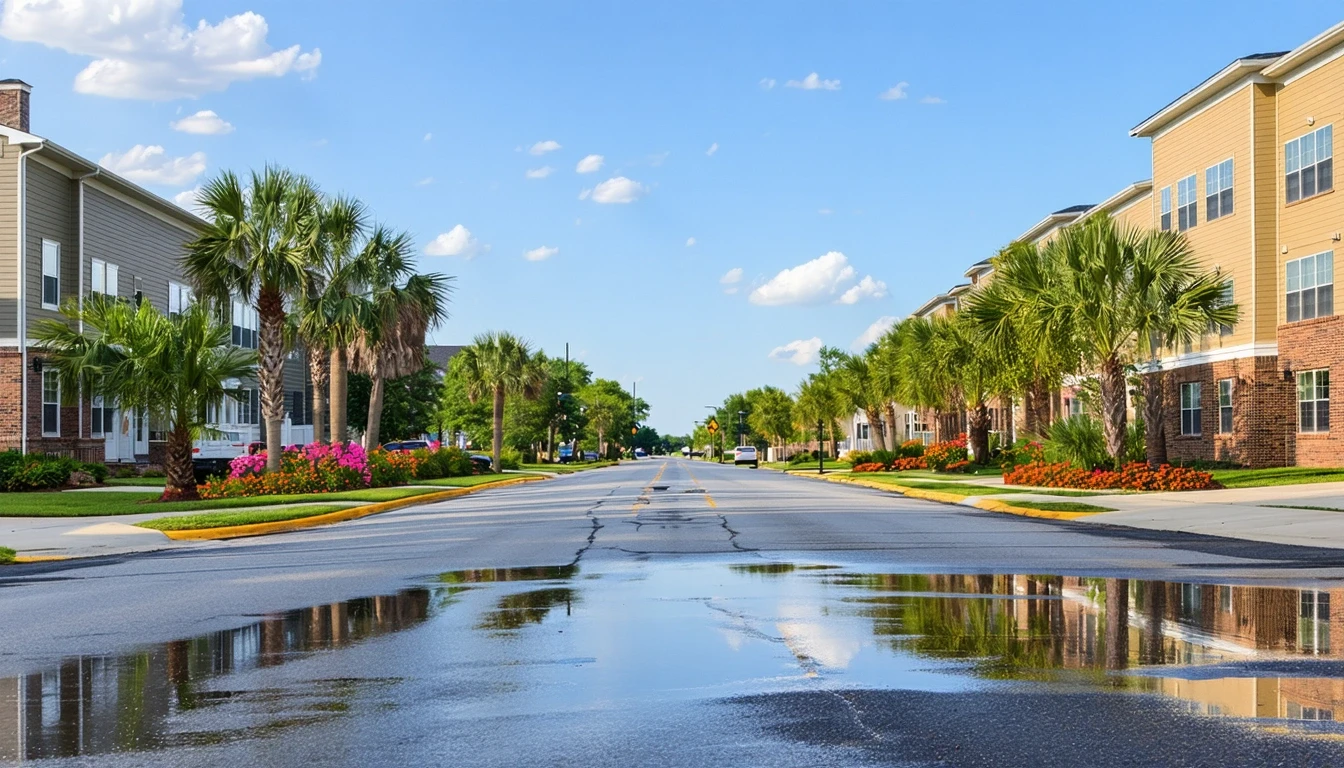 A wide avenue in Grandview, Missouri after a rain shower, with palm trees reflected in puddles and a couple walking down the sidewalk.