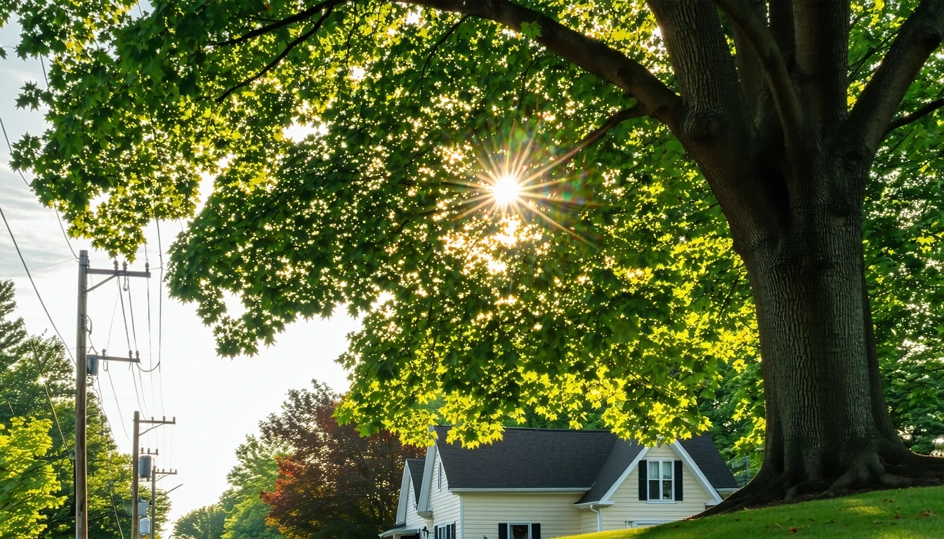 Sunlight filters through a maple tree over a residential street in Independence, Missouri.