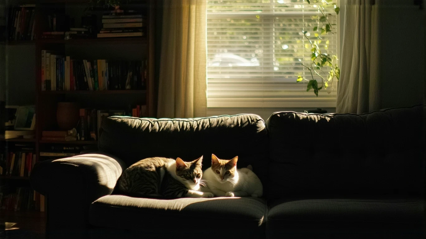 Sunlight streams into a cozy San Bernardino living room with a couch, bookshelf, and a napping cat.