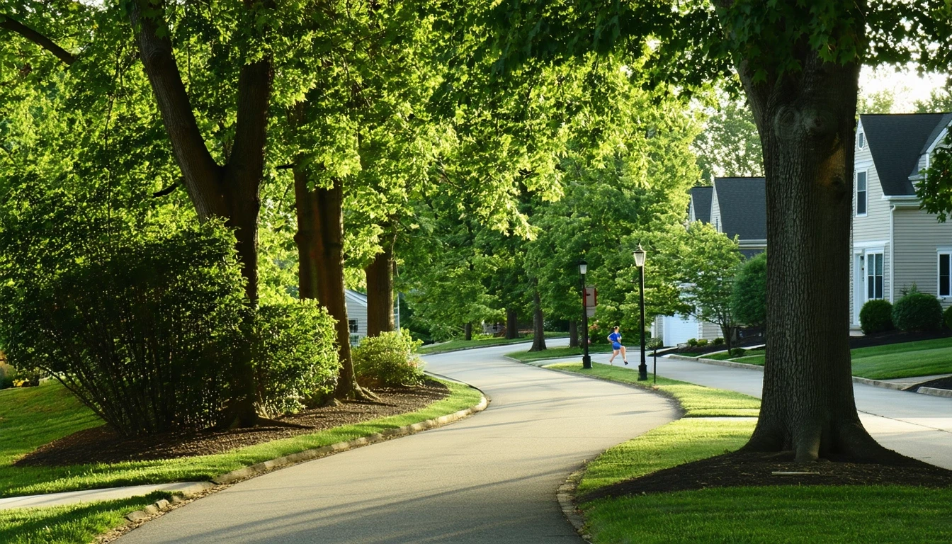A curving sidewalk under a canopy of trees in a Fairfax, VA neighborhood, with glimpses of houses through the leaves.