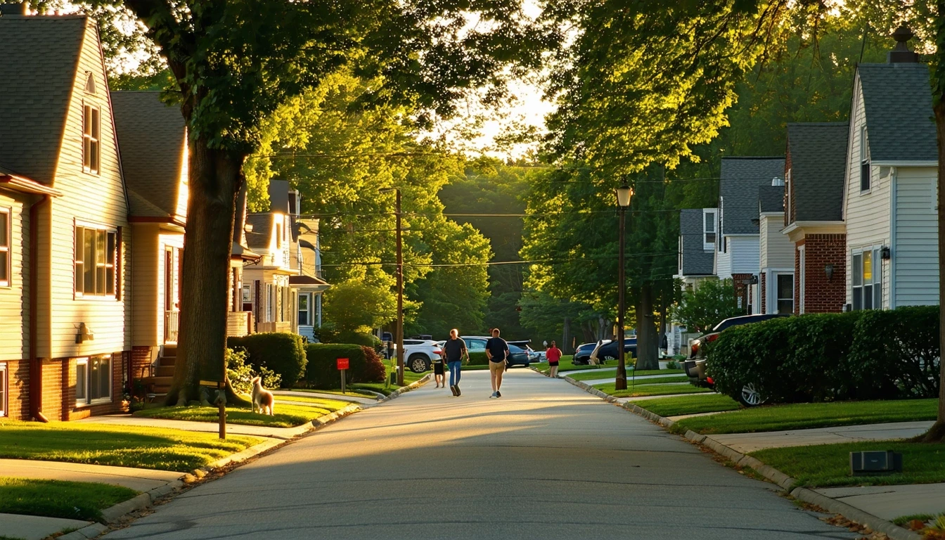 A peaceful suburban street in Leesburg, Virginia just after sunrise, with one-story homes, sidewalks, and residents starting their day.