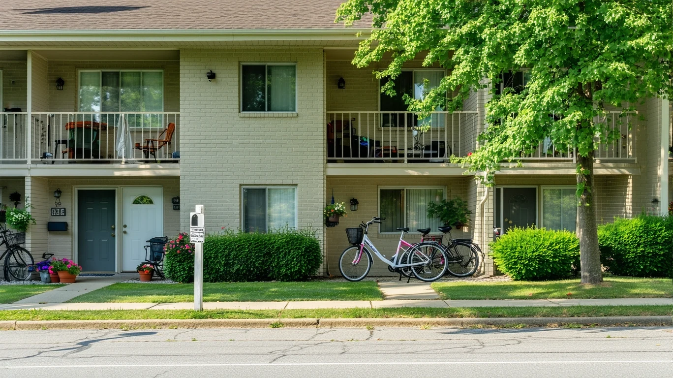 Apartment building in Grove City, Ohio with bikes parked outside on a sunny morning.