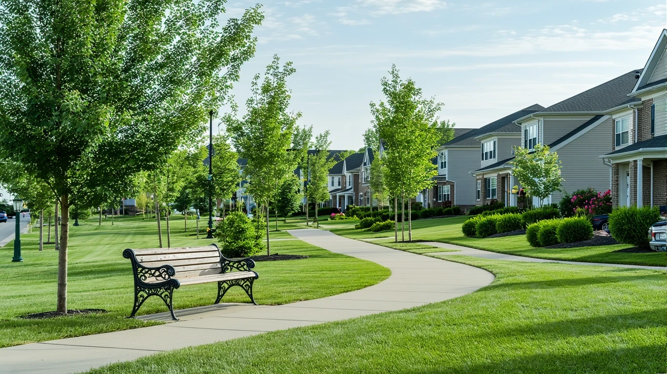 A neighborhood park in Dublin, Ohio with a path winding through grass and landscaping, an empty bench, and nice homes visible in the background.
