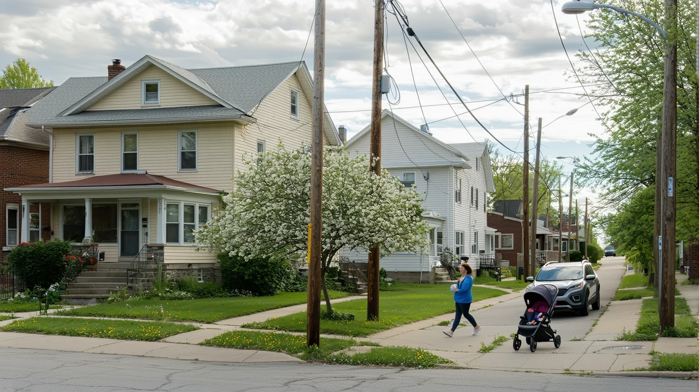 Residential street corner in Columbus, Ohio with older homes, patchy lawns, parked car, and woman with stroller on sidewalk.