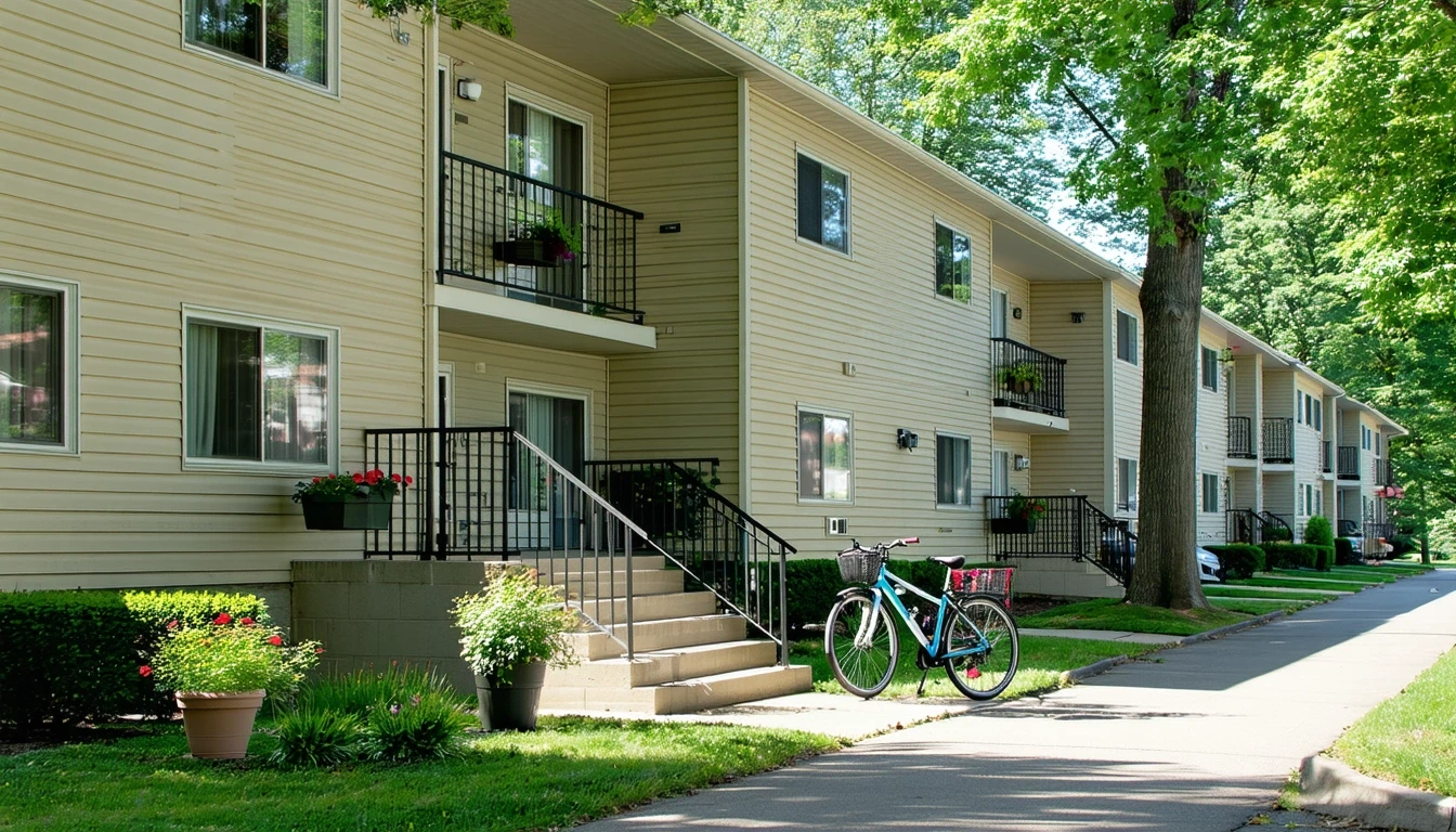 A small apartment building in Troy, Michigan with potted plants, bicycles, and shaded entryways.