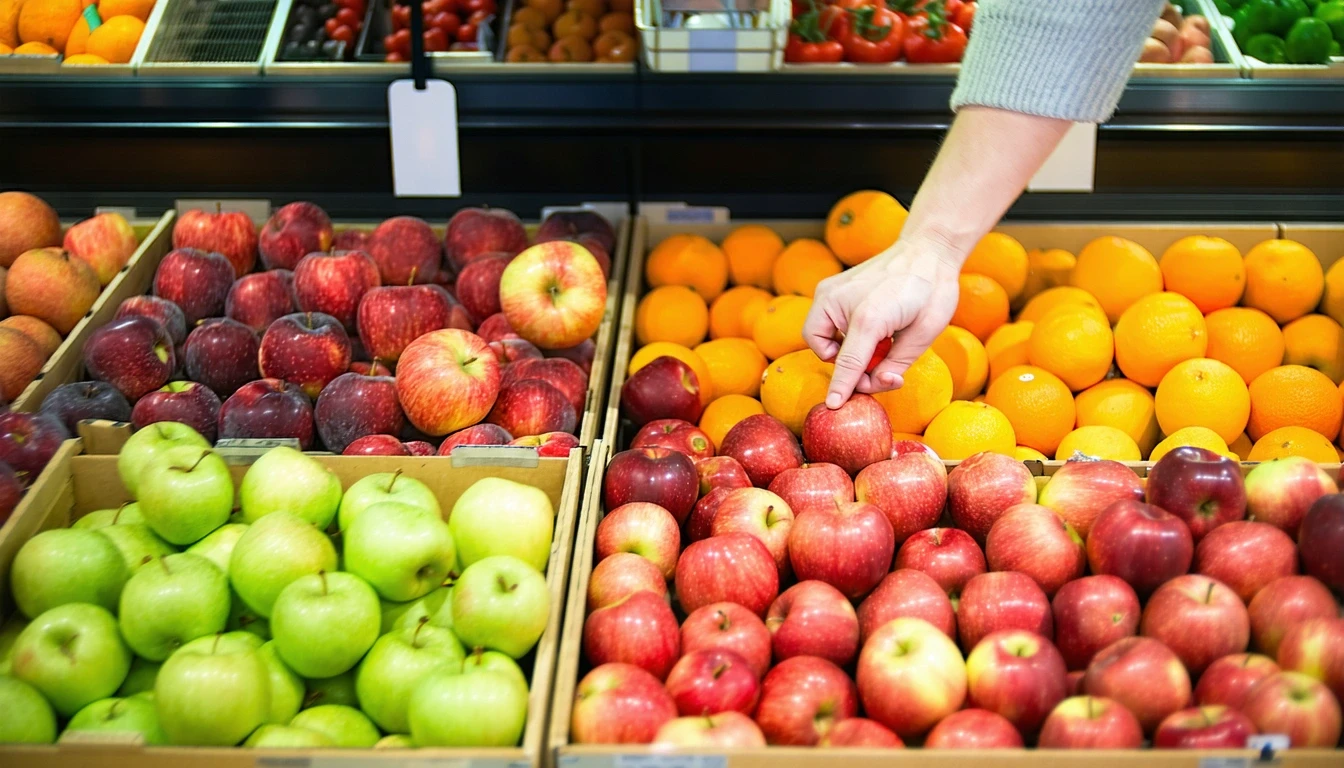A hand selecting an apple from a produce bin filled with apples and oranges in a grocery store.