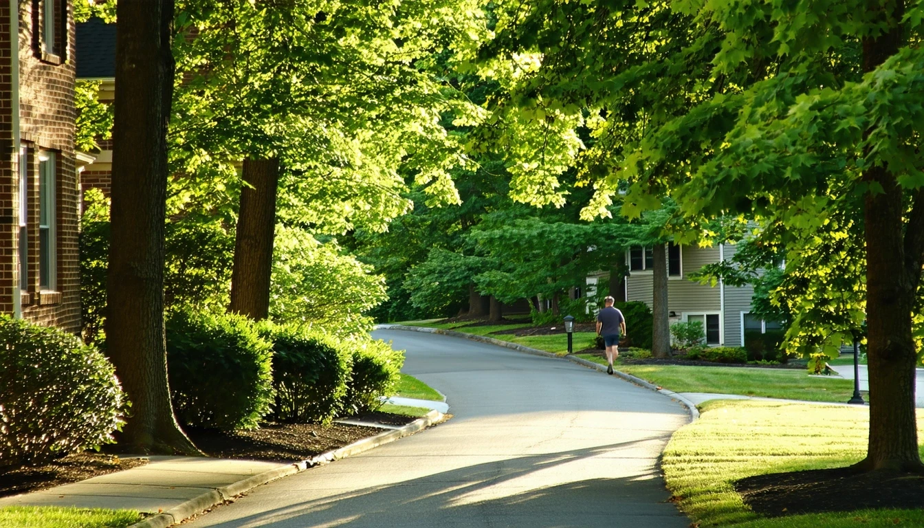 A tree-lined sidewalk curving past single-family homes on a residential street in Rockville, Maryland.