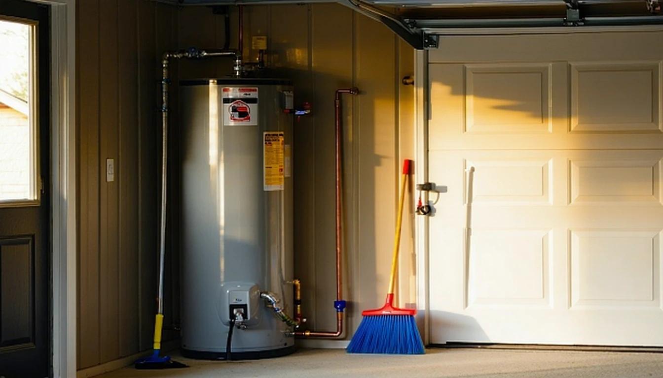 A tidy suburban garage corner with a water heater, pipes, and broom in natural light.