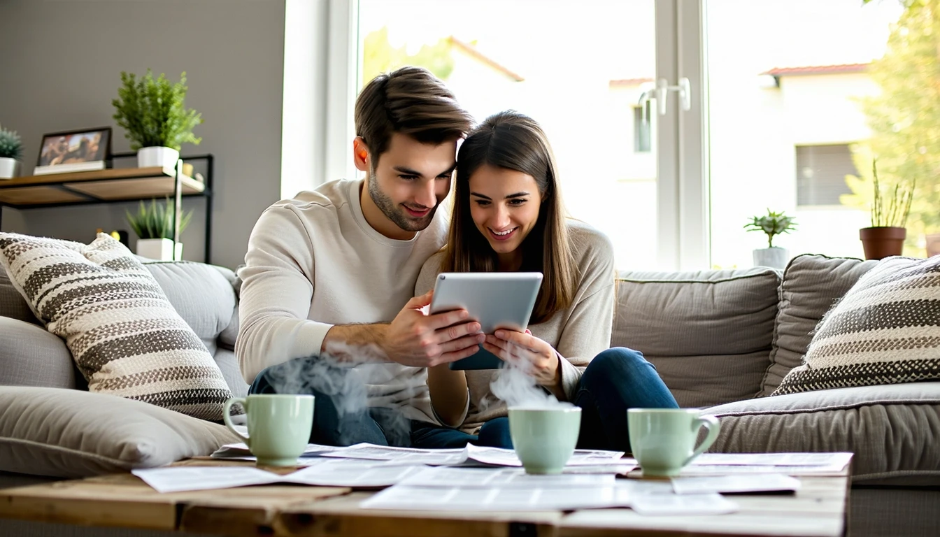 A couple reviewing bills and a budget on a tablet while sitting together on their living room couch.