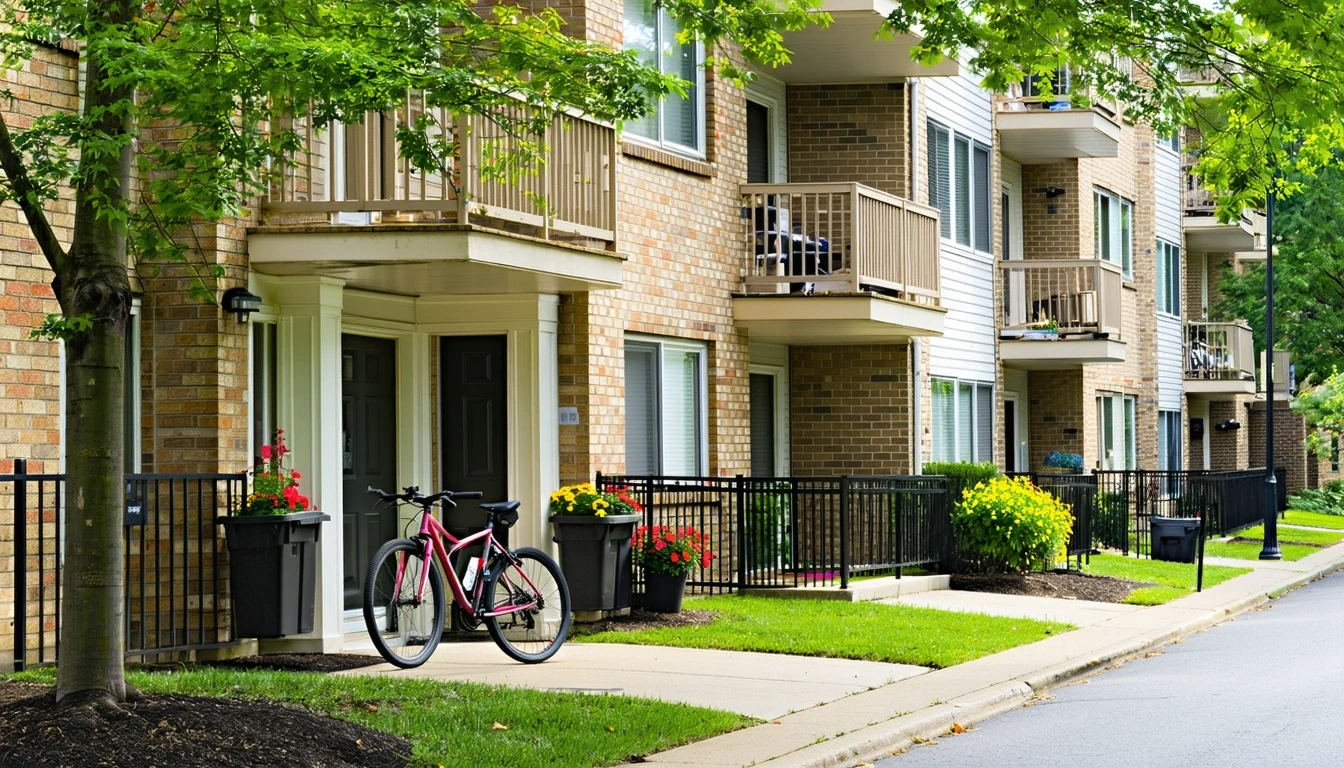 Brick apartment building in Rockville, MD with bicycles, plants, and trees