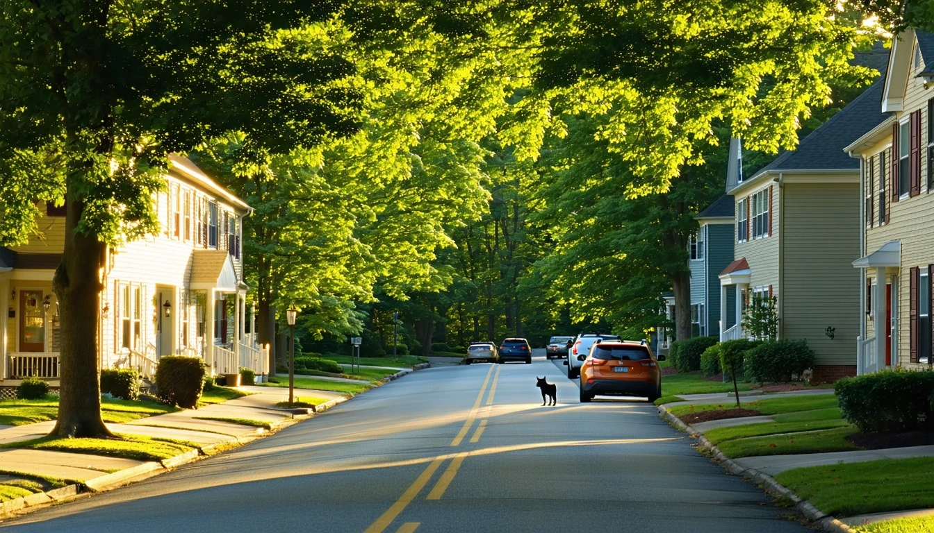 Suburban neighborhood street in Germantown, MD with homes and trees