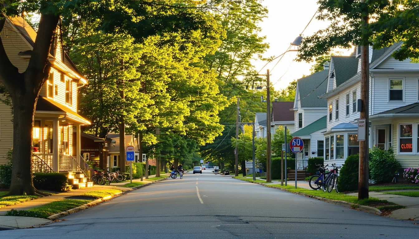 A quiet residential street in Rockville, Maryland at dusk, with small shops on the corner and a couple walking a dog.