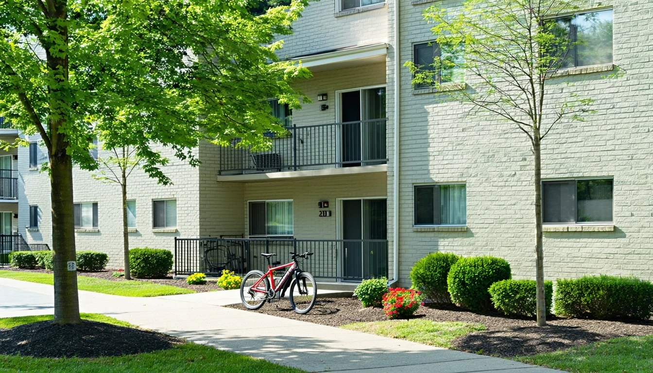 A tidy, modern apartment building in Gaithersburg, Maryland on a sunny morning, with bicycles resting outside a unit.