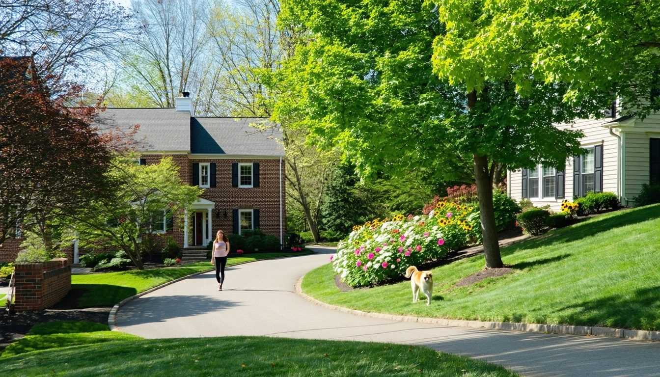 A tree-lined suburban cul-de-sac in Rockville, Maryland with well-kept homes, sidewalks, and a woman walking her dog on a sunny morning.