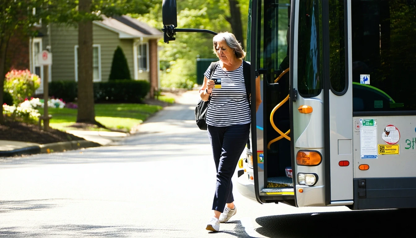 A woman boarding a regional shuttle bus on a suburban street in Rockville, Maryland.