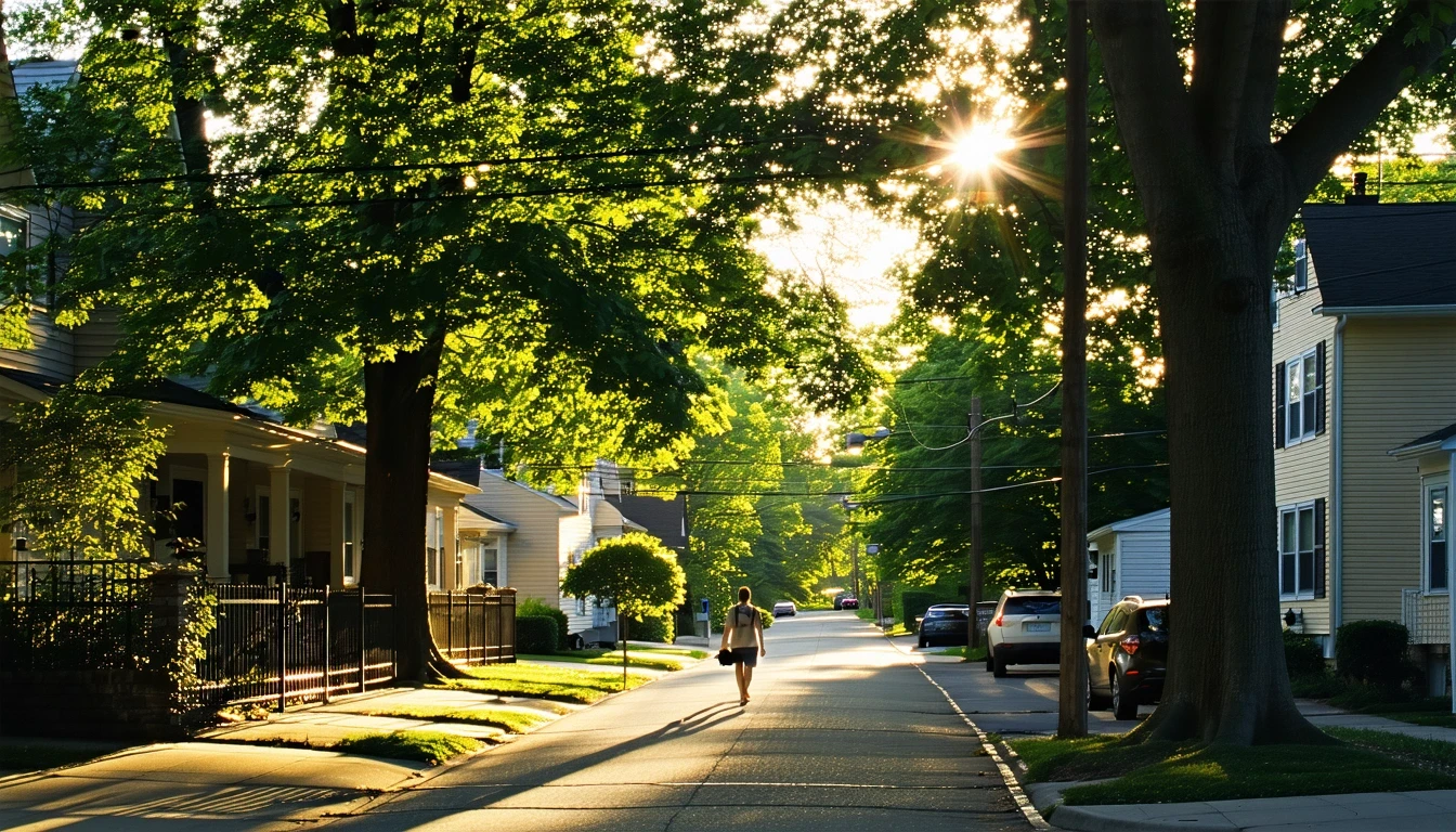 A sunlit sidewalk on a quiet residential street in Rockville, Maryland, with telephone wires overhead and a pedestrian walking.