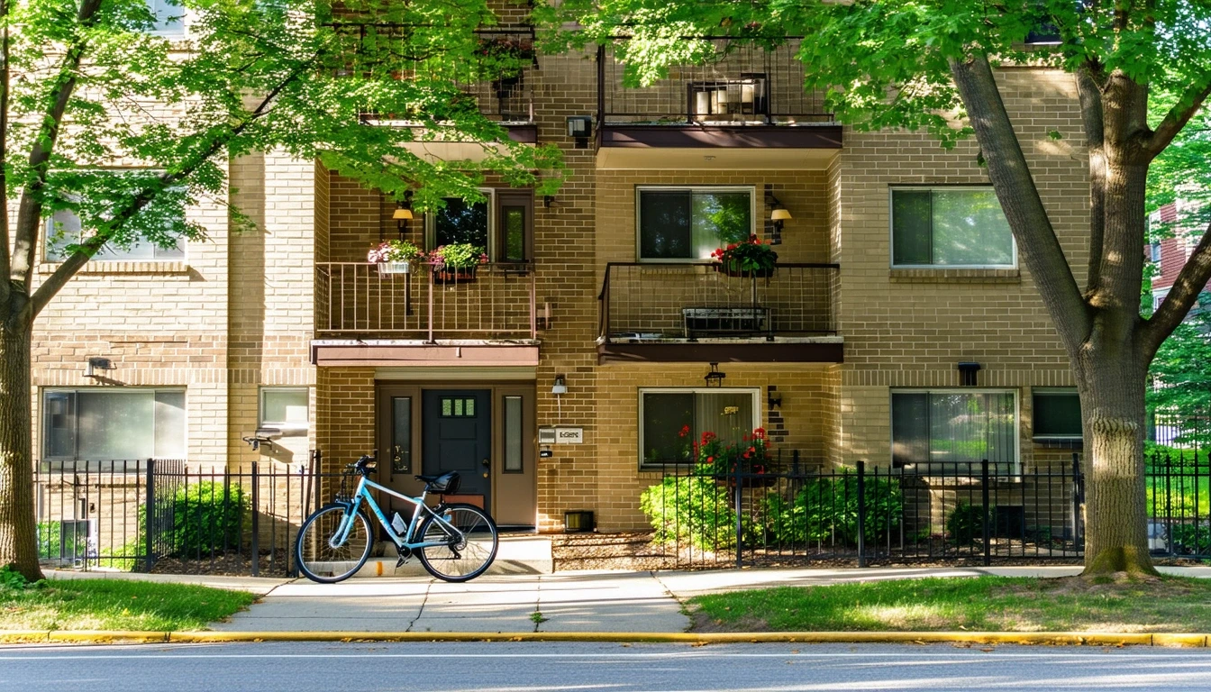 A three-story brick apartment building with potted plants and bicycles out front on a sunny day in Rockville, Maryland.