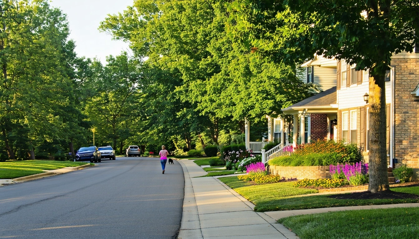 A suburban cul-de-sac in Rockville, Maryland with single-family homes, landscaped yards, and a woman jogging with her dog on the sidewalk.
