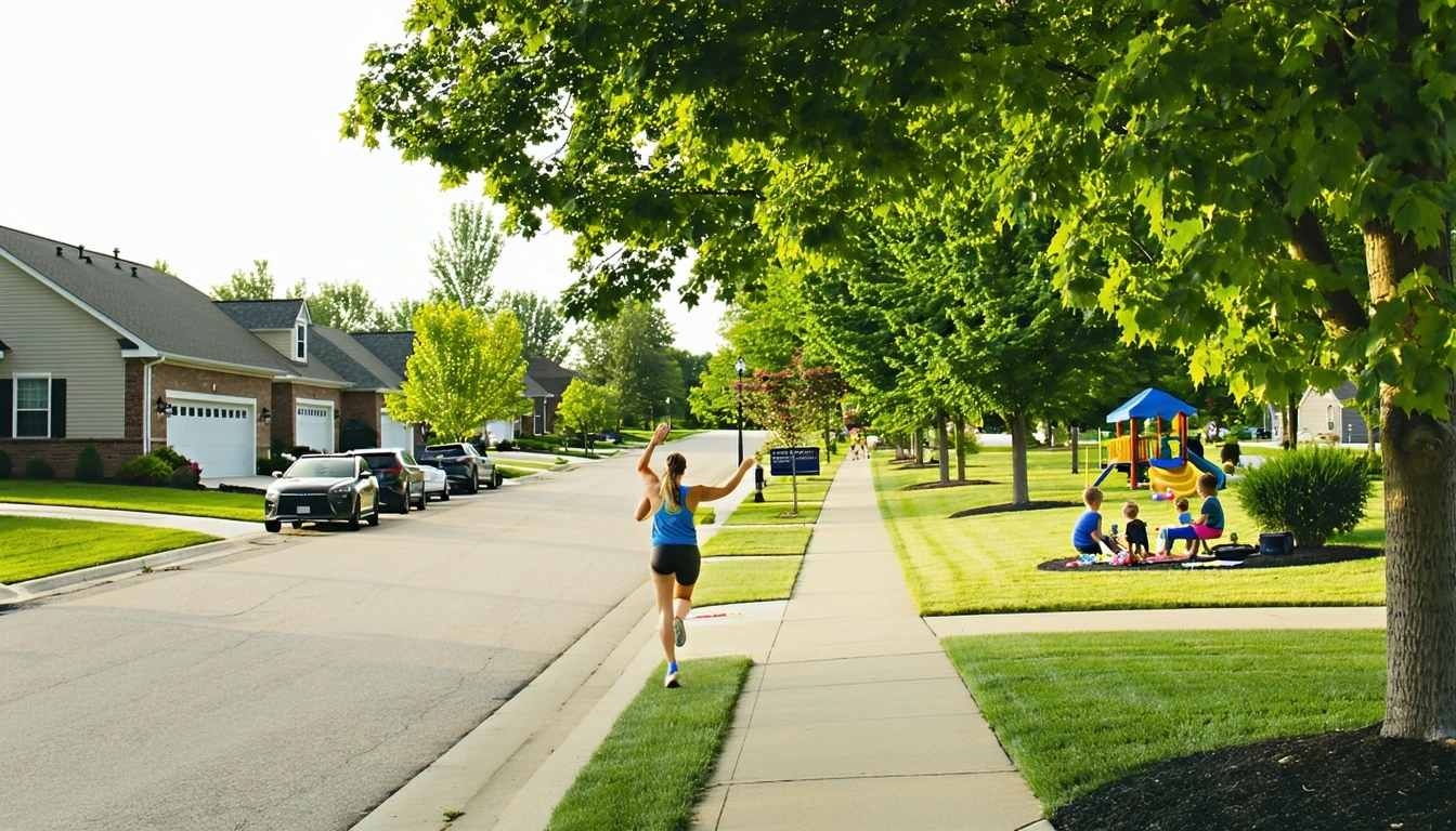 Modern suburban street in Saint Peters, Missouri with jogger and family at nearby park.