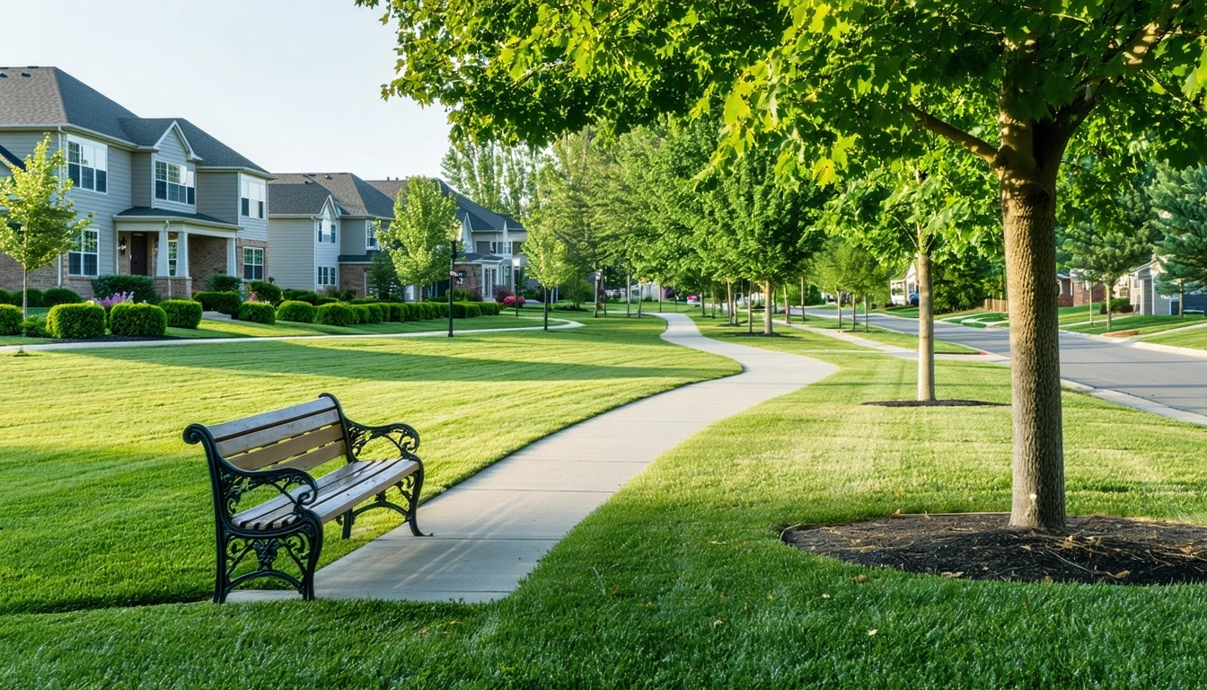 A grassy neighborhood park in Saint Charles with a path, bench, and surrounding suburban homes.